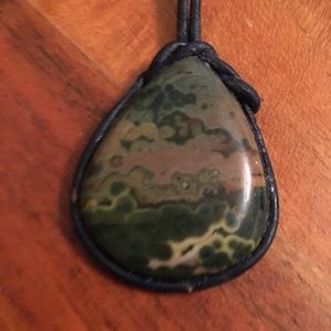 SALE! Leather-wrapped Green and Pink Orb Ocean Jasper Teardrop. One of a kind.
